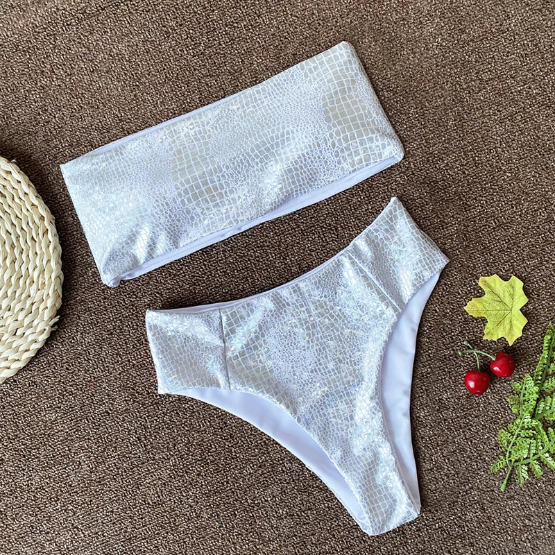 Snake Printed Female Bandeau Swimsuit High Waist Bikini 2025 Women Swimwear Bikini Set Wave Striped Bathing Suit Swim Beachwear