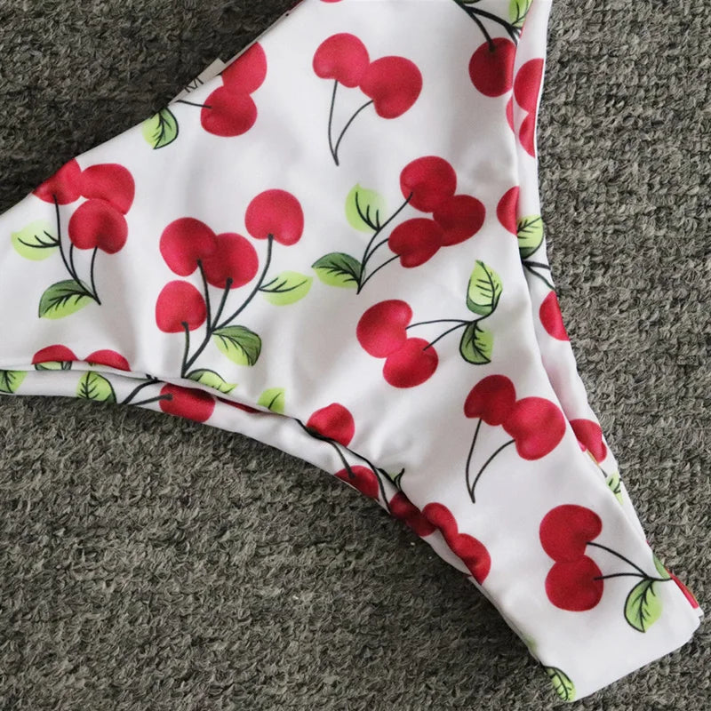 Cherry Print Off Shoulder Bikini 2025 High Cut Swimsuit Women Female Brazilian Swimwear Two pieces Bikini set Bathing Suit Swim
