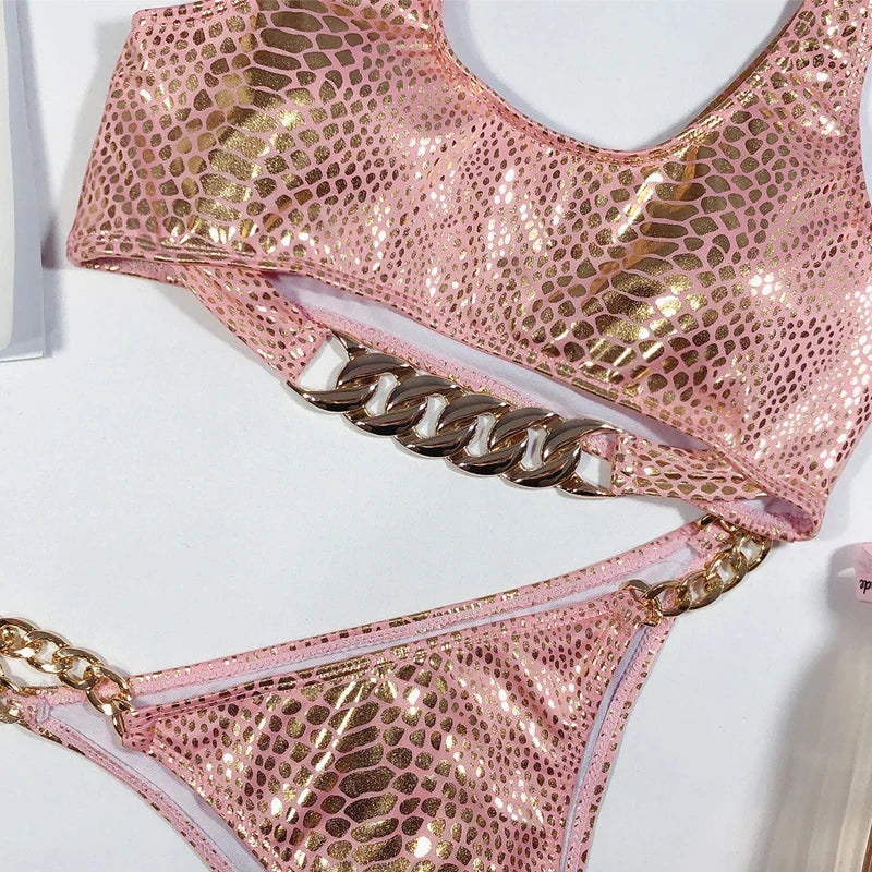 High Cut Metal Chains Bikini Women Swimsuit Female Swimwear Two Pieces Bikini Set Snake Skin Bather Bathing Suit Swim Beach Wear