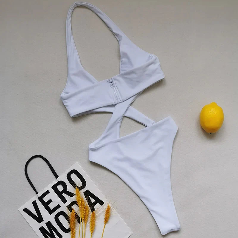 2025 Sexy High Cut Out Halter Female Swimwear One Piece Swimsuit Women Cross Bandage Monokini Bather Bathing Suit Swim Bodysuit