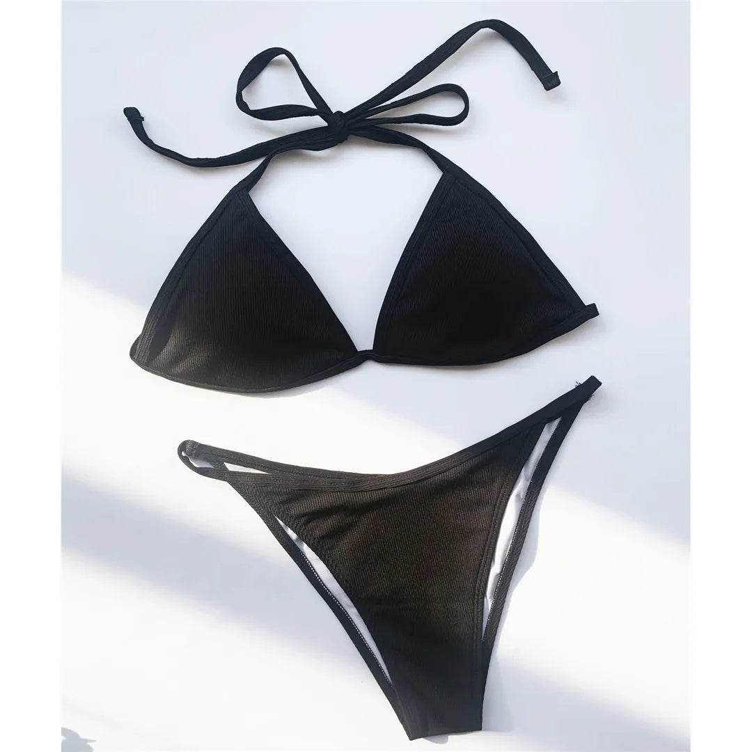 XS - L Ribbed Halter Bikini Women Swimwear Female Swimsuit Four-pieces Bikini set With Sarong Bather Bathing Suit Swim V3152B