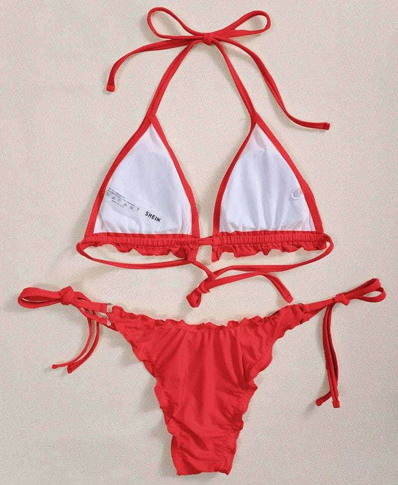 Halter String Ruffled Frilled Bikini 2026 Women Swimsuit Female Swimwear Two Pieces Bikini Set Padded Bather Bathing Suit Swim