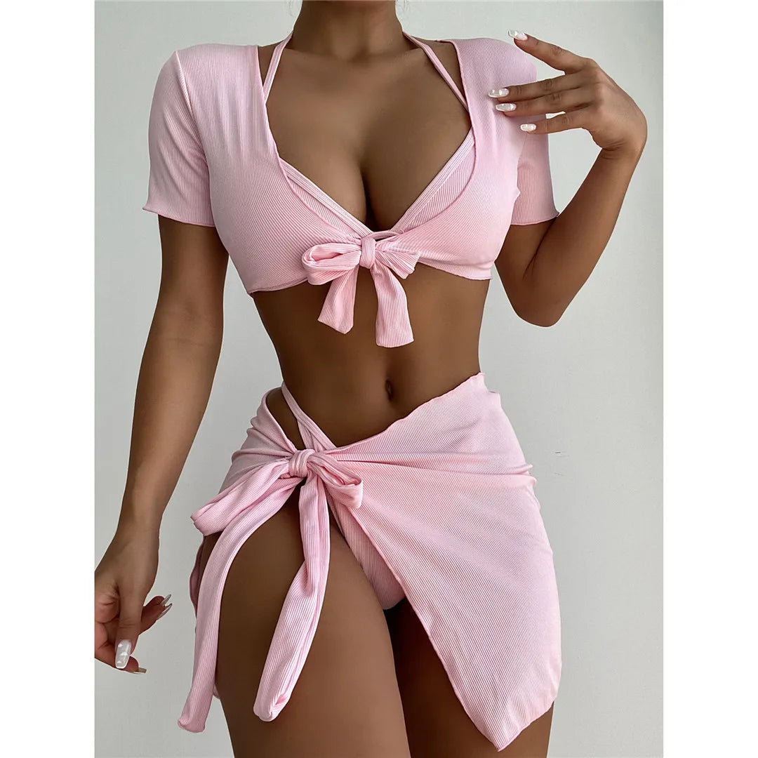 XS - L Ribbed Halter Bikini Women Swimwear Female Swimsuit Four-pieces Bikini set With Sarong Bather Bathing Suit Swim V3152B