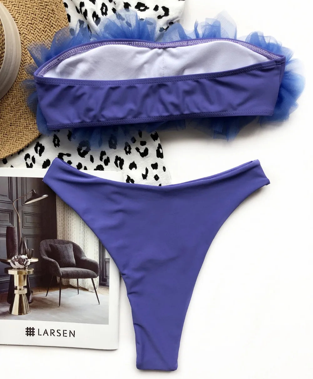 2025 New Sexy 3D Flower Mesh Ruffled Swimsuit High Waist bikini Women Bandeau Swimwear Female Two Pieces Bikini set Bathing Suit