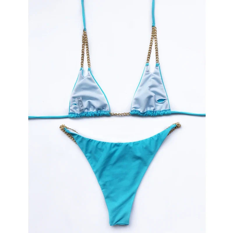 Sexy Halter Metal Chains Brazilian Bikini 2025 Women Swimsuit Female Swimwear Two Pieces Bikini Set Bathing Suit Swim Beach Wear