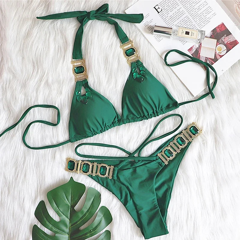 Sexy Halter Crystal Diamond Bikini 2025 Female Swimsuit Women Brazilian Swimwear Two piece Bikini set Triangle Bathing Suit Swim