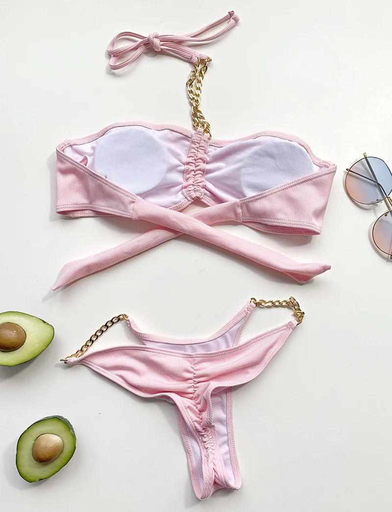 New Halter Ribbed Brazilian Bikini Female Swimsuit Women Swimwear Two pieces Bikini set Metal Chains Bather Bathing Suit Swim