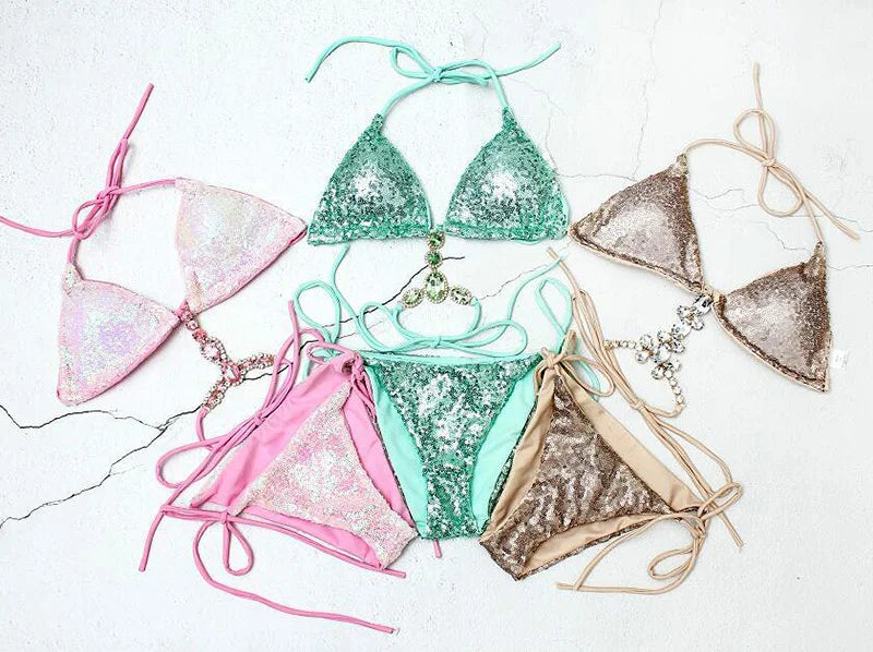 Shiny Sequins Jewelled Diamond Bikini Women Micro Bikini Swimwear Female Swimsuit Two Pieces Bikini Set Halter Bathing Suit Swim