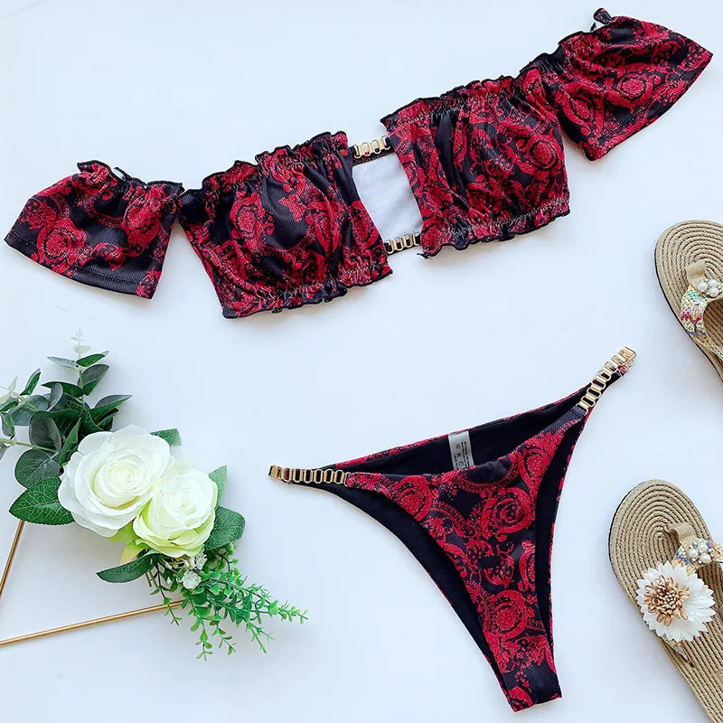 Cherry Print Off Shoulder Bikini 2025 High Cut Swimsuit Women Female Brazilian Swimwear Two pieces Bikini set Bathing Suit Swim