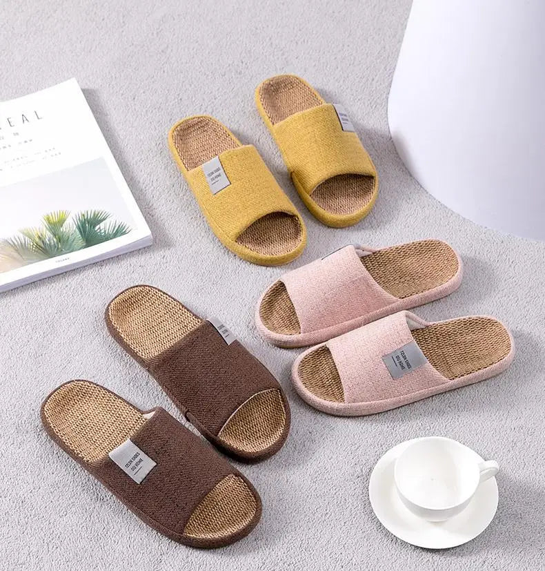 Breathable Flax Slippers Women Men Indoor Mute Slipper Anti-slip Lovers House Floor Shoes Soft  Ladies Summer Home Slides