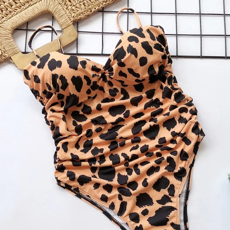 Push Up Bra Cup Leopard Scrunched Women Bandeau Swimwear One Piece Swimsuit Female Monokini High Cut Bathing Suit Swim Bodysuit