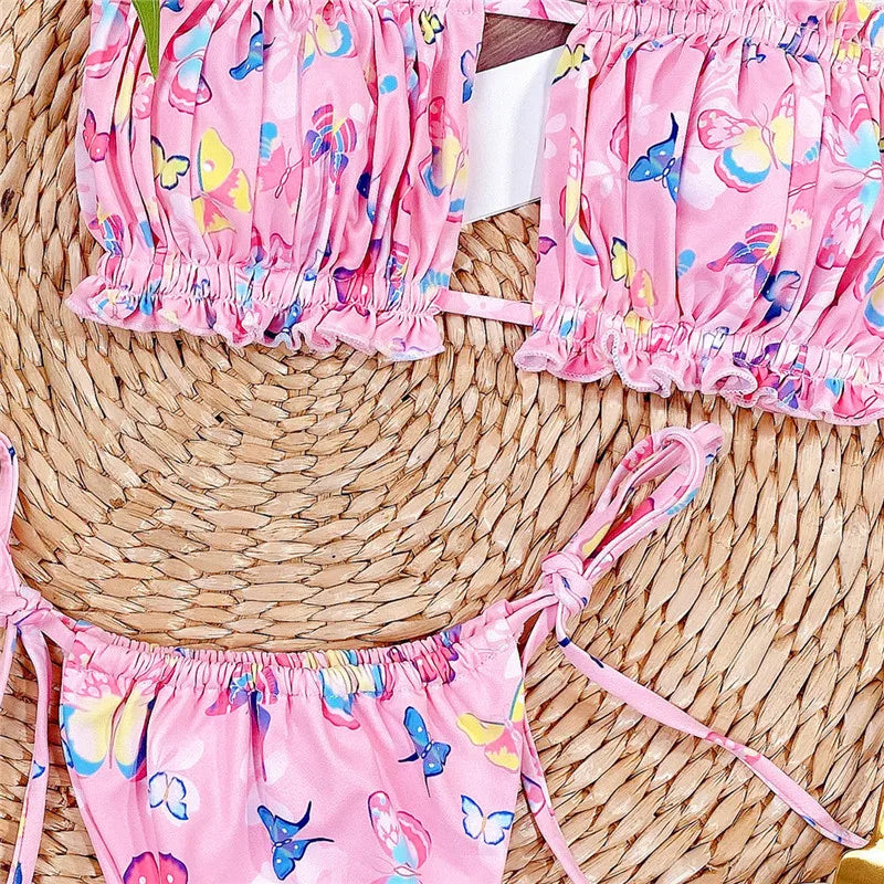 Tie Dye Pleated Ruffled Bikinis Bandeau Bikini Women Swimsuit Female Swimwear Two-pieces Bikini Set Hollow Out Bathing Suit Swim