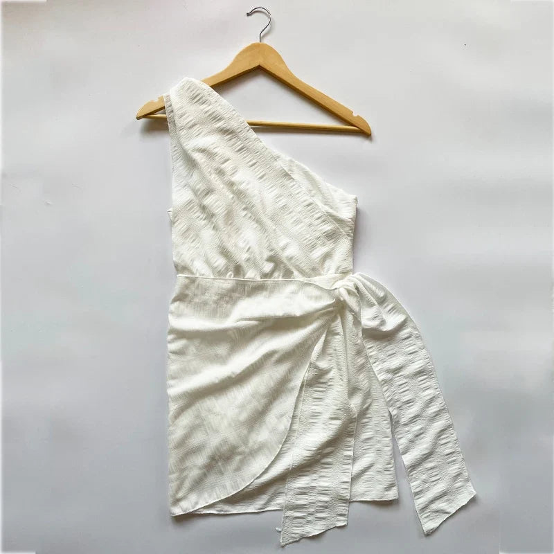 Foridol One Shoulder White Cotton Ruched Short Summer Dress Bowknot Beach Sundress Women Sleeveless Solid Dress