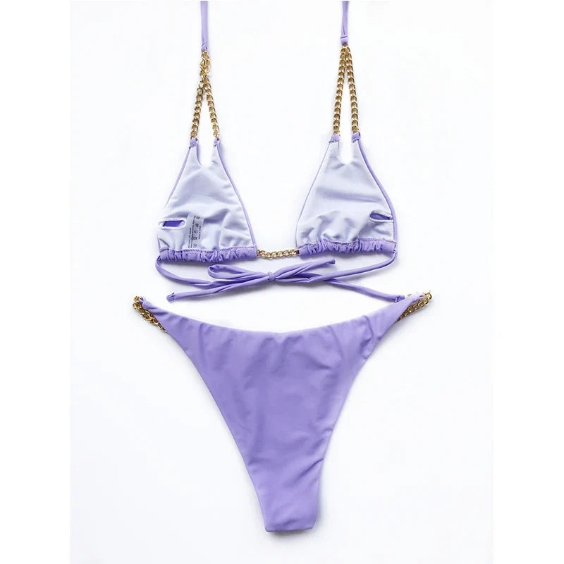 Sexy Halter Metal Chains Brazilian Bikini 2025 Women Swimsuit Female Swimwear Two Pieces Bikini Set Bathing Suit Swim Beach Wear