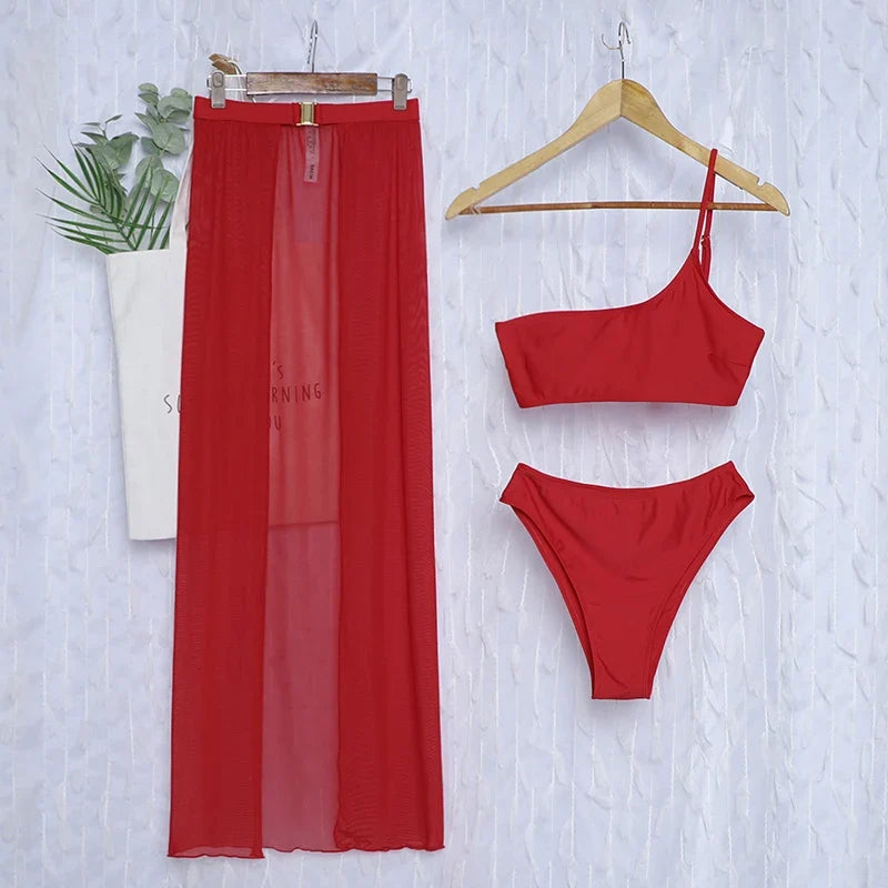 New One shoulder Bikini 2025 Female Swimsuit Women Swimwear Three-pieces Bikini set Mesh Long Skirt Beach wear Bathing Suit Swim