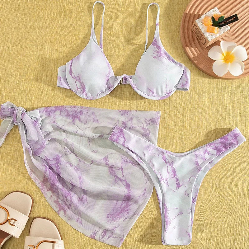 Marble Print V-Bar Underwired Bikini Women Swimsuit Female Swimwear Three-pieces Bikini Set Push Up Bathing Suit Beach Sarong