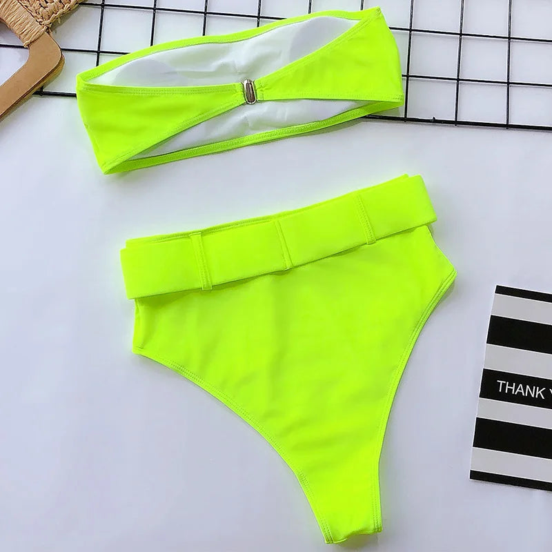 Neon Green Bandeau Swimsuit High Waist Bikini 2025 Women Swimwear Female Two pieces Bikini set Buckle Waistband bathing suit