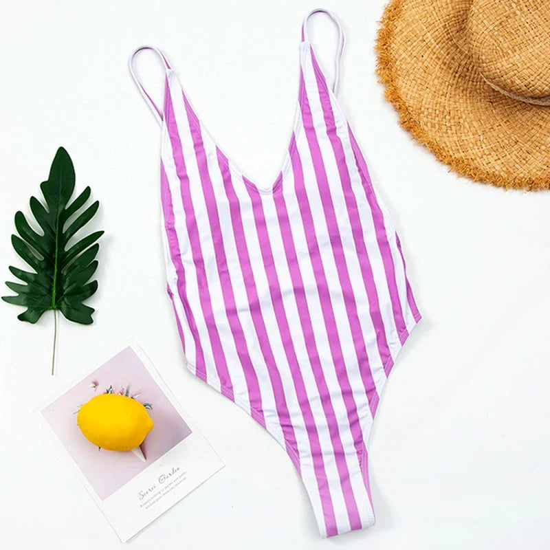 2025 Sexy Backless Striped Women Swimwear One Piece Swimsuit Female monokini High cut Trikini V Neck Bathing Suit Swim Bodysuit