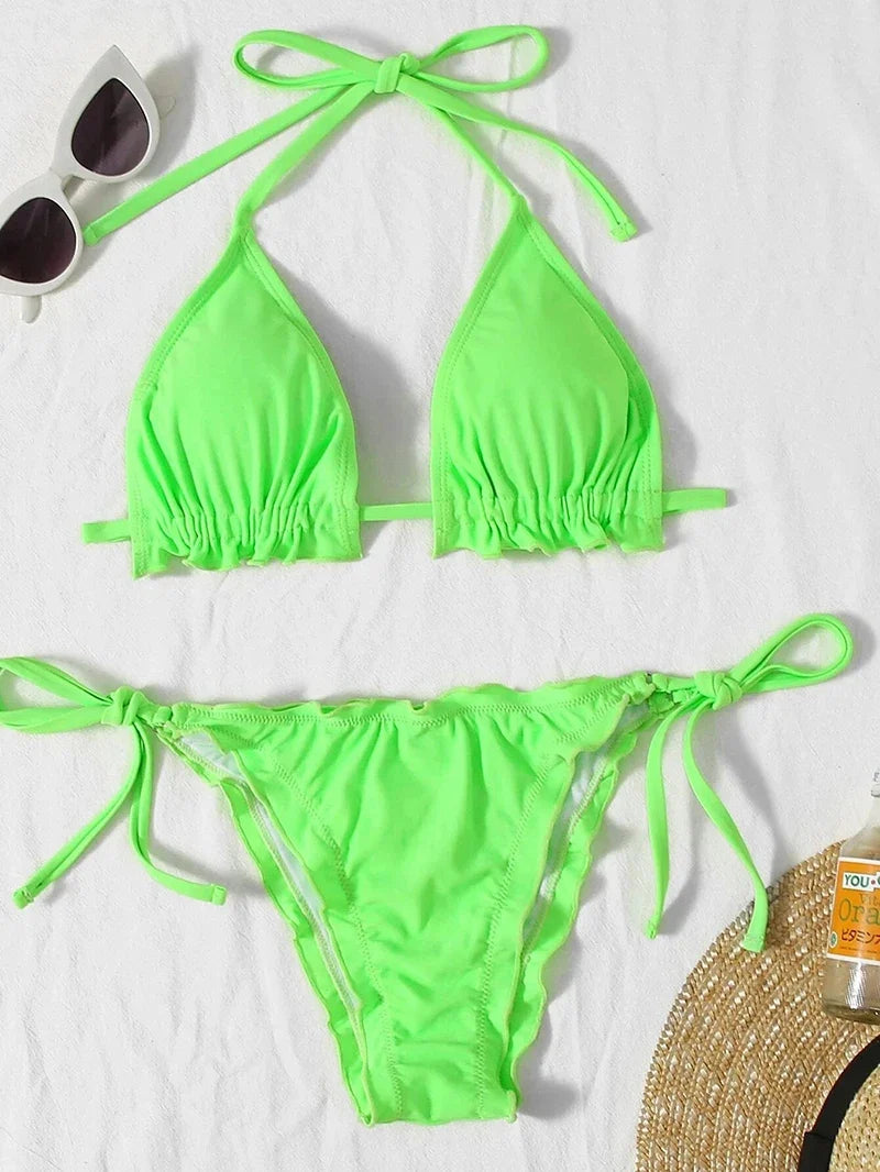 Halter String Ruffled Frilled Bikini 2026 Women Swimsuit Female Swimwear Two Pieces Bikini Set Padded Bather Bathing Suit Swim