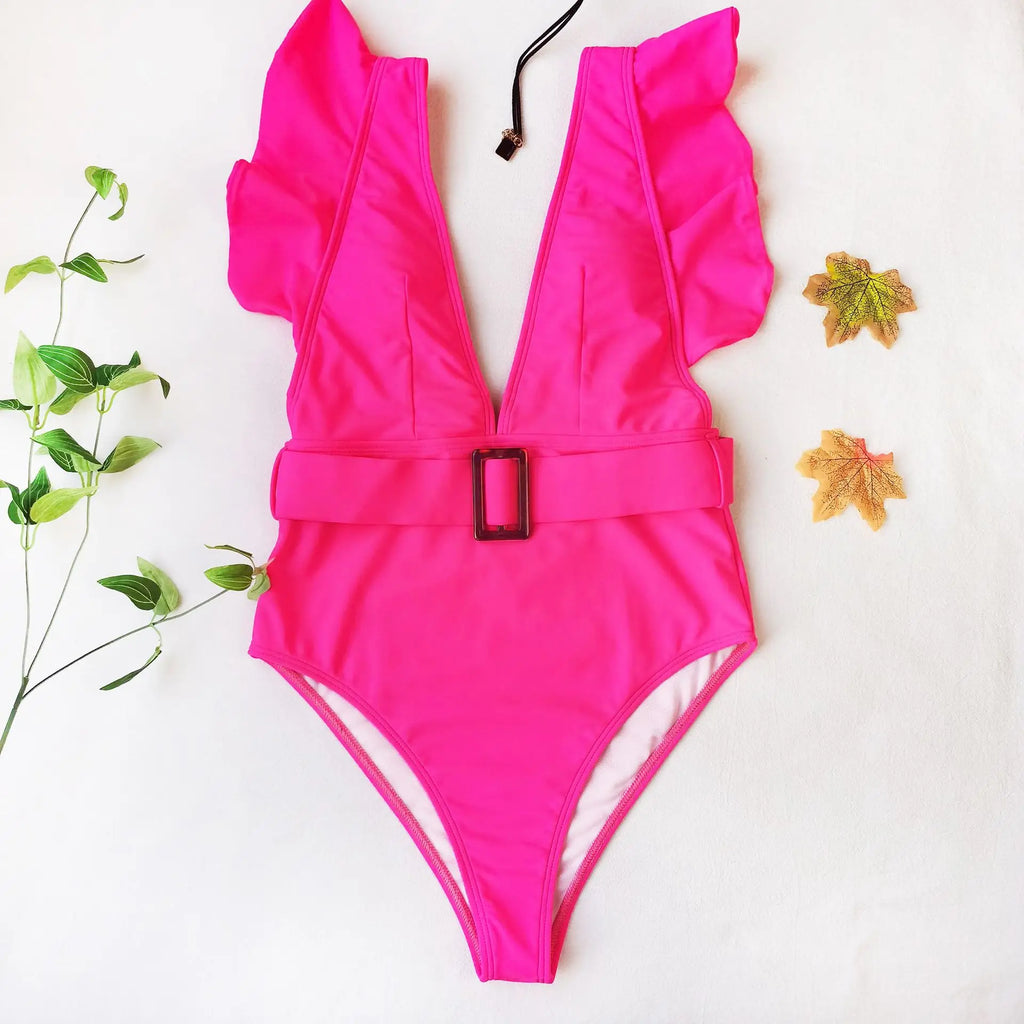 Sexy One Piece Swimsuit 2025 White Deep-V Neck Swimwear Women Black Beach High Cut Ruffles Monokini Buckle Bathing Suit Bodysuit