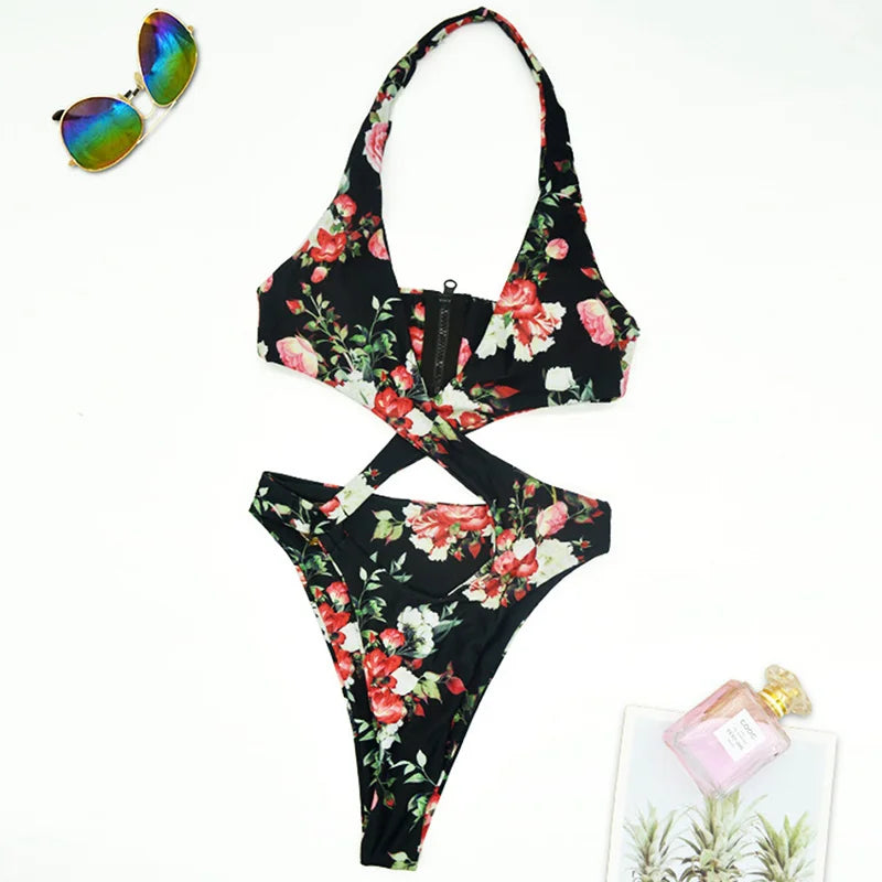 2025 Sexy High Cut Out Halter Female Swimwear One Piece Swimsuit Women Cross Bandage Monokini Bather Bathing Suit Swim Beachwear