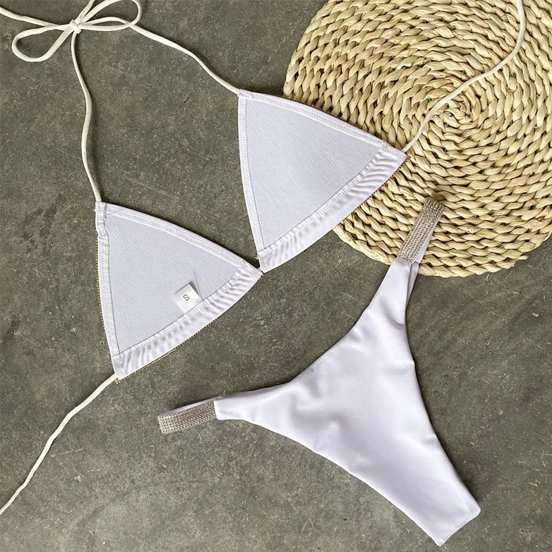 Shiny Sequins Diamond Micro Bikini 2025 Women Swimsuit Female Halter Swimwear Two Pieces Bikini Set Brazilian Bathing Suit Swim