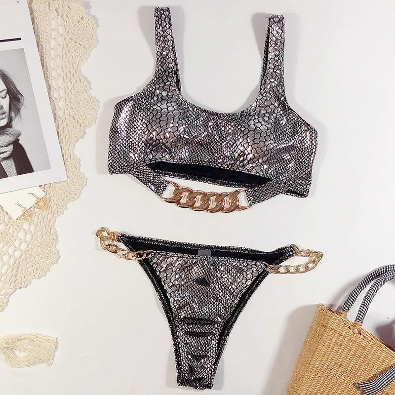 High Cut Metal Chains Bikini Women Swimsuit Female Swimwear Two Pieces Bikini Set Snake Skin Bather Bathing Suit Swim Beach Wear