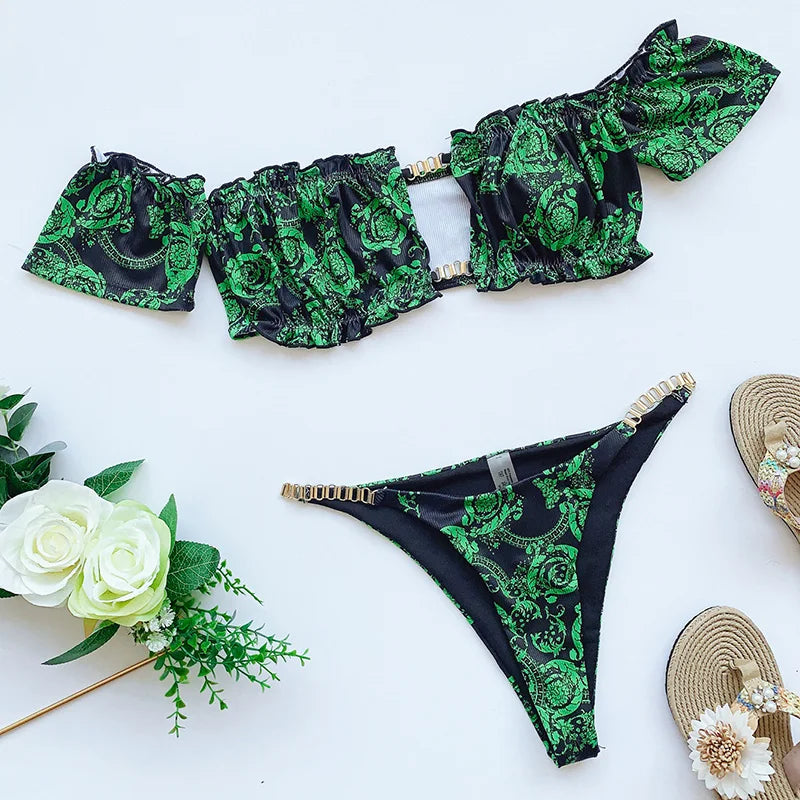 Cherry Print Off Shoulder Bikini 2025 High Cut Swimsuit Women Female Brazilian Swimwear Two pieces Bikini set Bathing Suit Swim