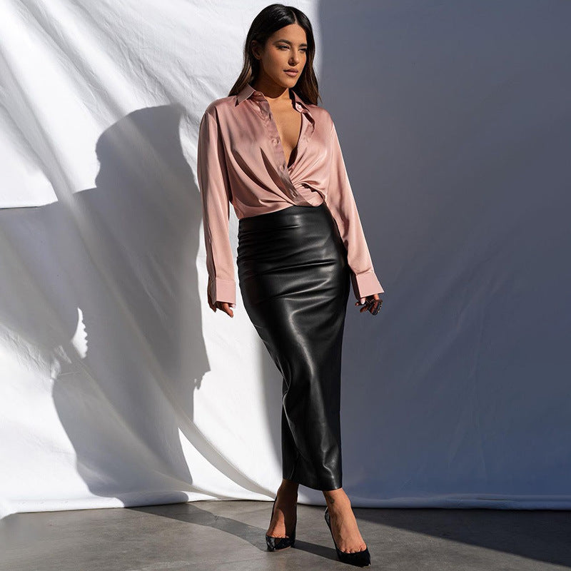 Women Autumn Sexy High Waist Bodycon Skirt Fashion Adults Slim-fit Solid Color Slit Leather Long Skirt Black/White