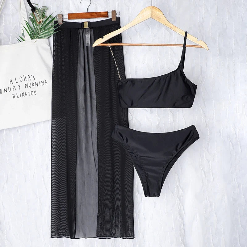 New One shoulder Bikini 2025 Female Swimsuit Women Swimwear Three-pieces Bikini set Mesh Long Skirt Beach wear Bathing Suit Swim