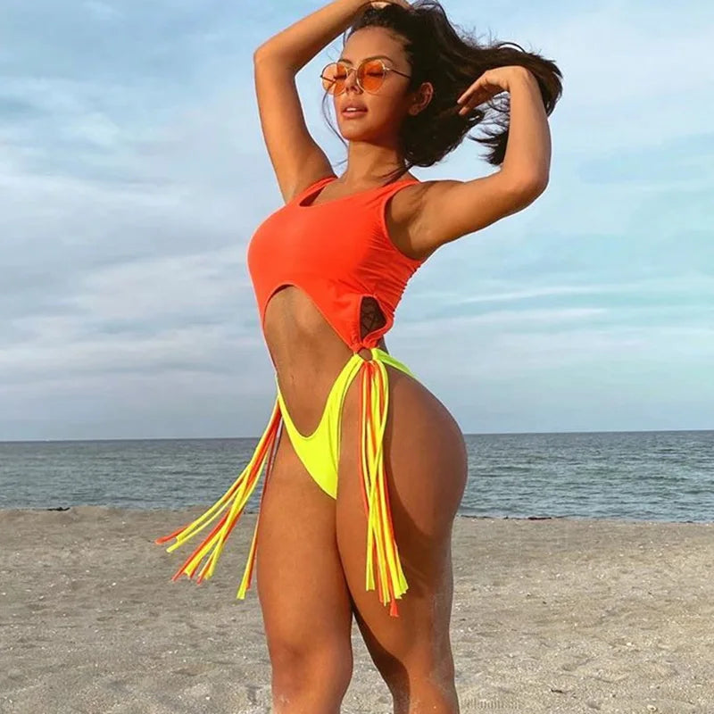 Sexy Splicing Tummy Cut Out Female Swimwear One Piece Swimsuit Women Tassel Monokini Bather String Bathing Suit Swim Bodysuit