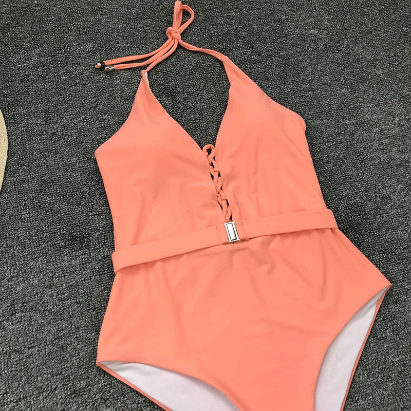2025 Sexy Lace Up Halter Female Swimwear One Piece Swimsuit Women Backless Monokini with Waist Belt Bathing Suit Swim Bodysuit
