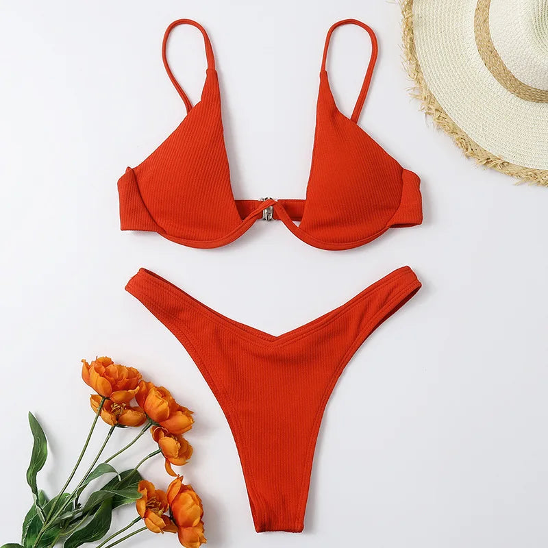 Sexy Underwire Bikini 2026 Mujer Women Solid Red Push Up Bra Thong Swimsuit Haler V Neck Bathing Suit Mini Micro Thong Swimwear
