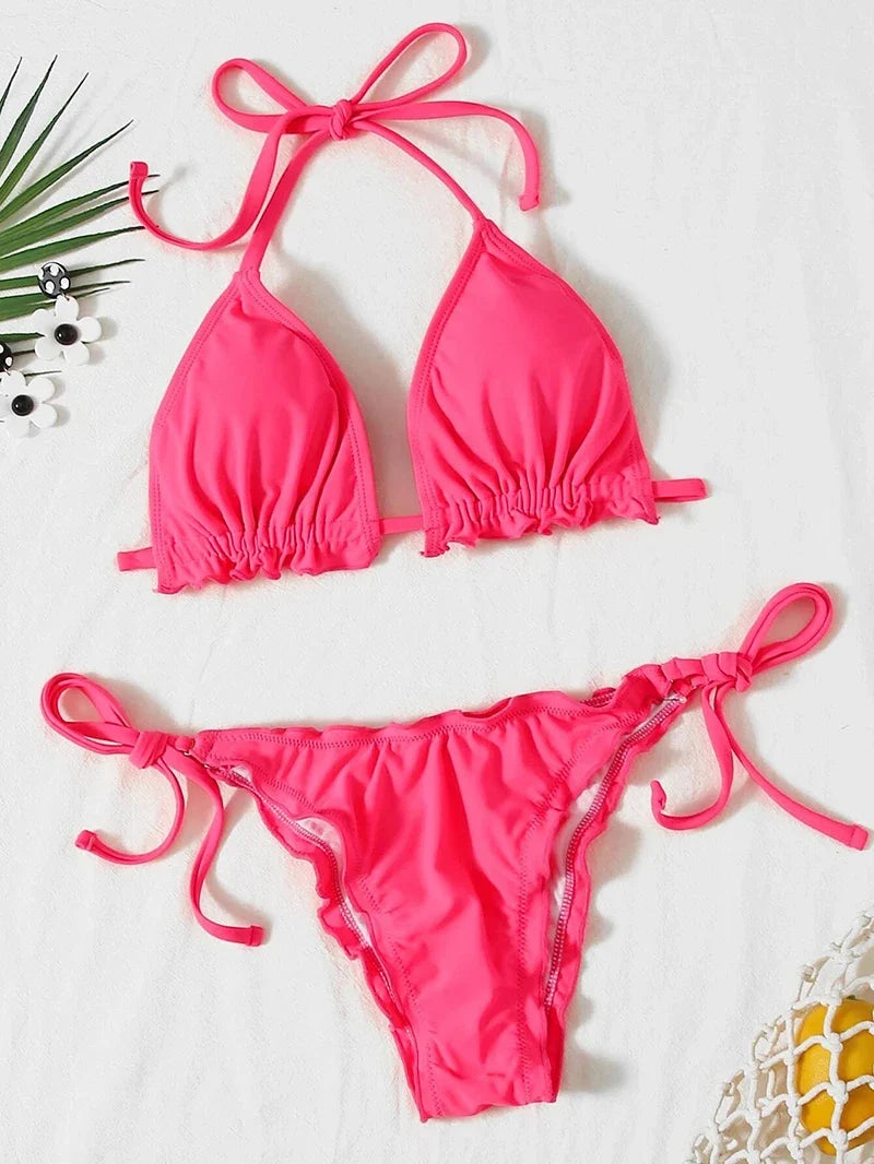 Halter String Ruffled Frilled Bikini 2026 Women Swimsuit Female Swimwear Two Pieces Bikini Set Padded Bather Bathing Suit Swim