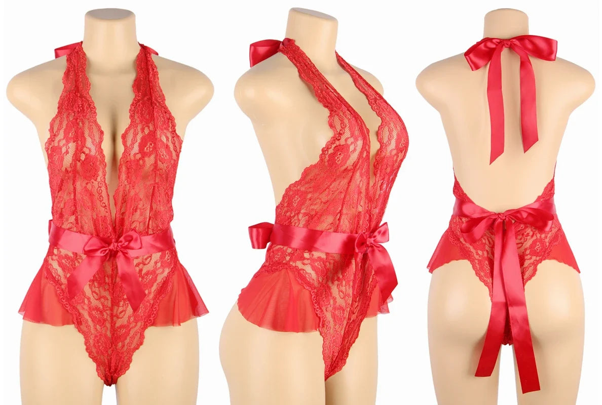 Backless Bodysuit Womens One Piece Floral Lace Bodysuit 5XL XXXL Halter V Neck Teddy Lingerie See Through Negligee Babydoll