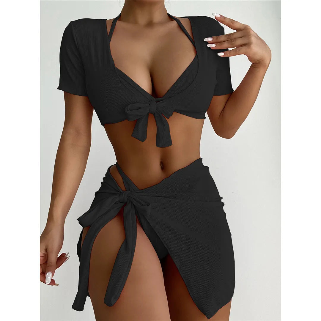 XS - L Ribbed Halter Bikini Women Swimwear Female Swimsuit Four-pieces Bikini set With Sarong Bather Bathing Suit Swim V3152B