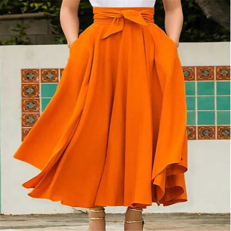 Fashion Women's Ladies Solid Color Bandage Pleated Cocktail Party High Waist  Summer A Line Skirts With Pocket