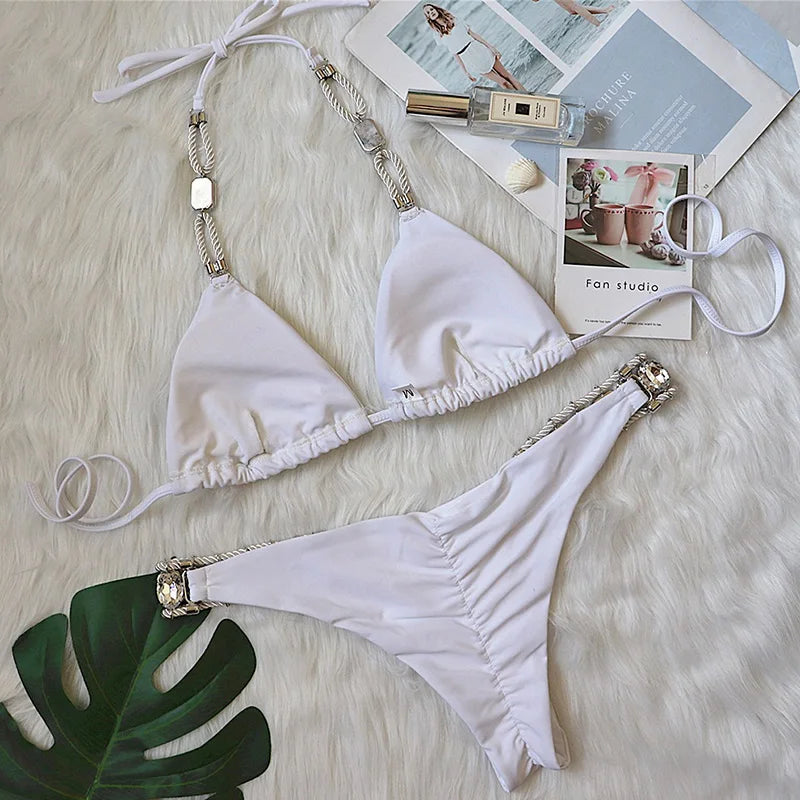 2026 Halter Shiny Crystal Diamond Bikini Women Swimsuit Female Swimwear Rhinestone Bikini Set Rhinestone Brazilian Bathing Suit