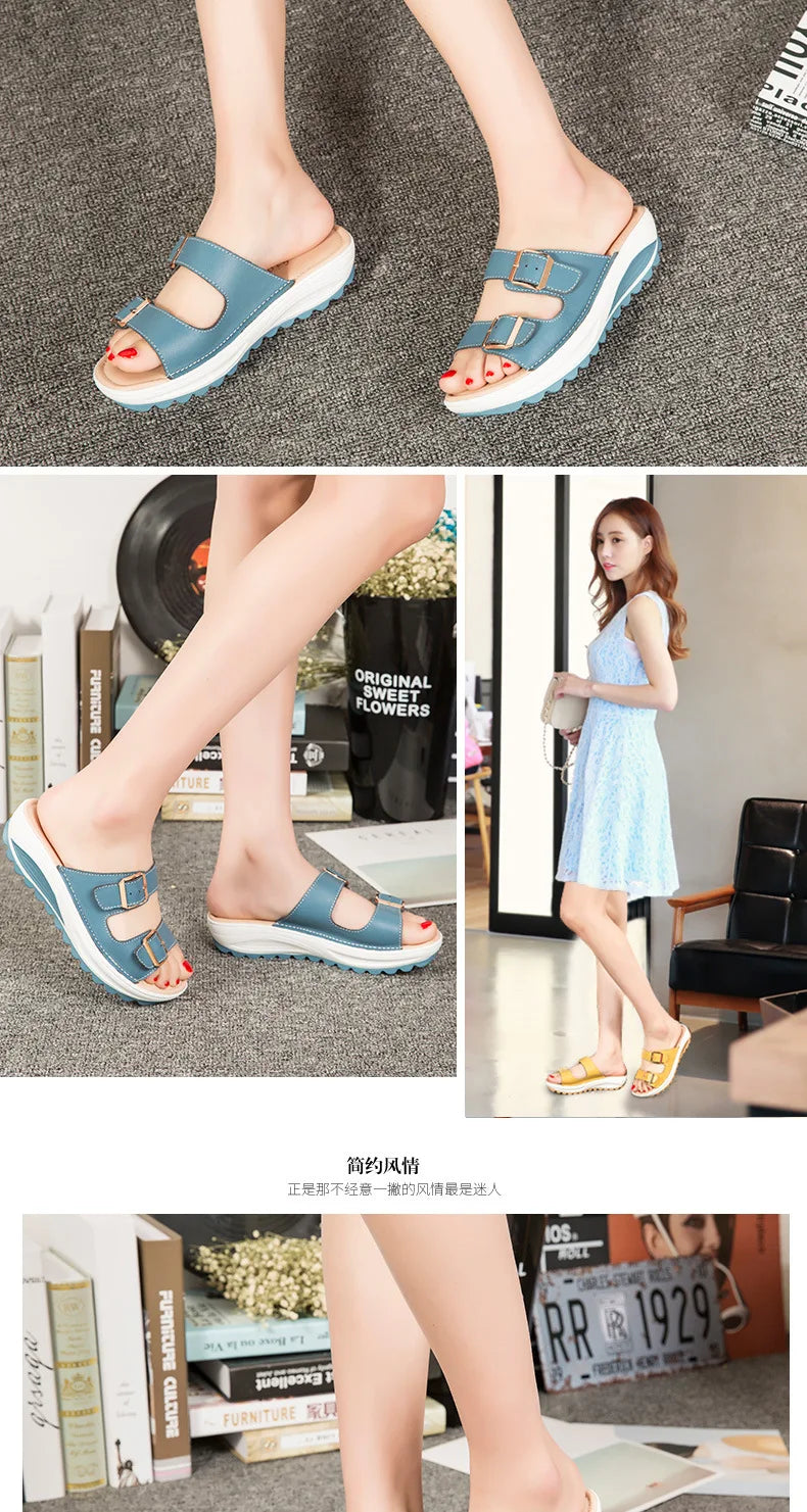2021New Women Sandals Wedges Sandals Ladies Open Toe Round Toe Buckle Black Yellow White Platform Sandals Shoes