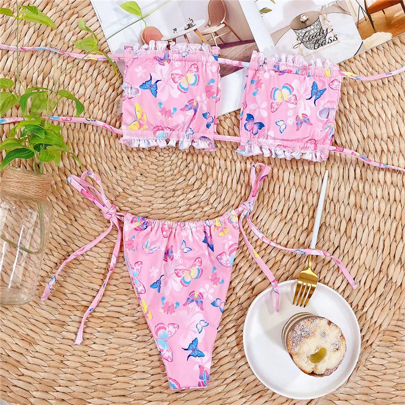 Tie Dye Pleated Ruffled Bikinis Bandeau Bikini Women Swimsuit Female Swimwear Two-pieces Bikini Set Hollow Out Bathing Suit Swim