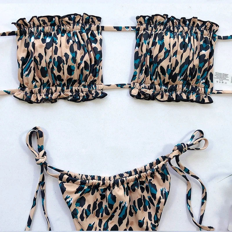 Tie Dye Pleated Ruffled Bikinis Bandeau Bikini Women Swimsuit Female Swimwear Two-pieces Bikini Set Hollow Out Bathing Suit Swim