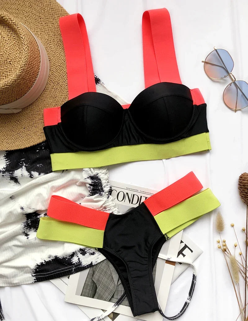 Splicing Push Up Bra Cup Bikini Women Swimsuit Female Swimwear Two-pieces Bikini Set High Cut Bathing Suit Swim Beach Wear