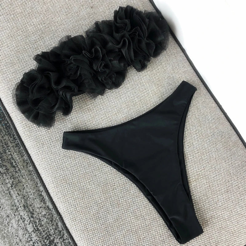 2025 New Sexy 3D Flower Mesh Ruffled Swimsuit High Waist bikini Women Bandeau Swimwear Female Two Pieces Bikini set Bathing Suit