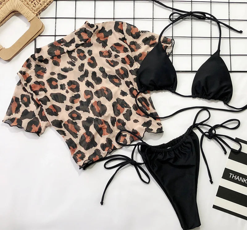 Zebra Print Mesh Short Sleeve Halter Mini Micro Bikini Female Swimsuit Women Swimwear Three-pieces Bikini set Bathing Suit Swim