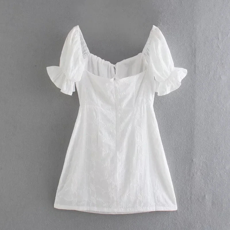 Foridol White Lace Summer Dress for Women Flower Embriodery Cotton Mini Dress Puff Sleeve Lace Up Ruffles Short Beach Dress
