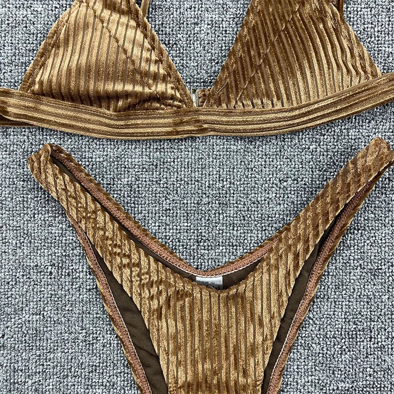 Ribbed Metallic Velvet Bikini Women Swimsuit Female Thong Swimwear Two Pieces Bikini Set High Cut Bathing Suit Swim Beachwear