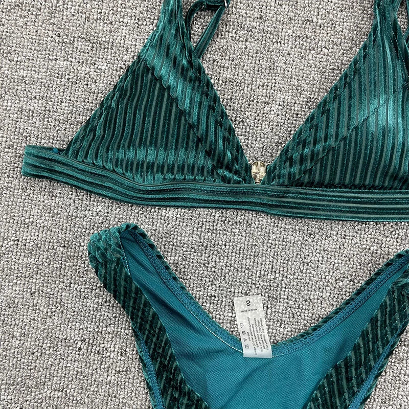 Ribbed Metallic Velvet Bikini Women Swimsuit Female Thong Swimwear Two Pieces Bikini Set High Cut Bathing Suit Swim Beachwear