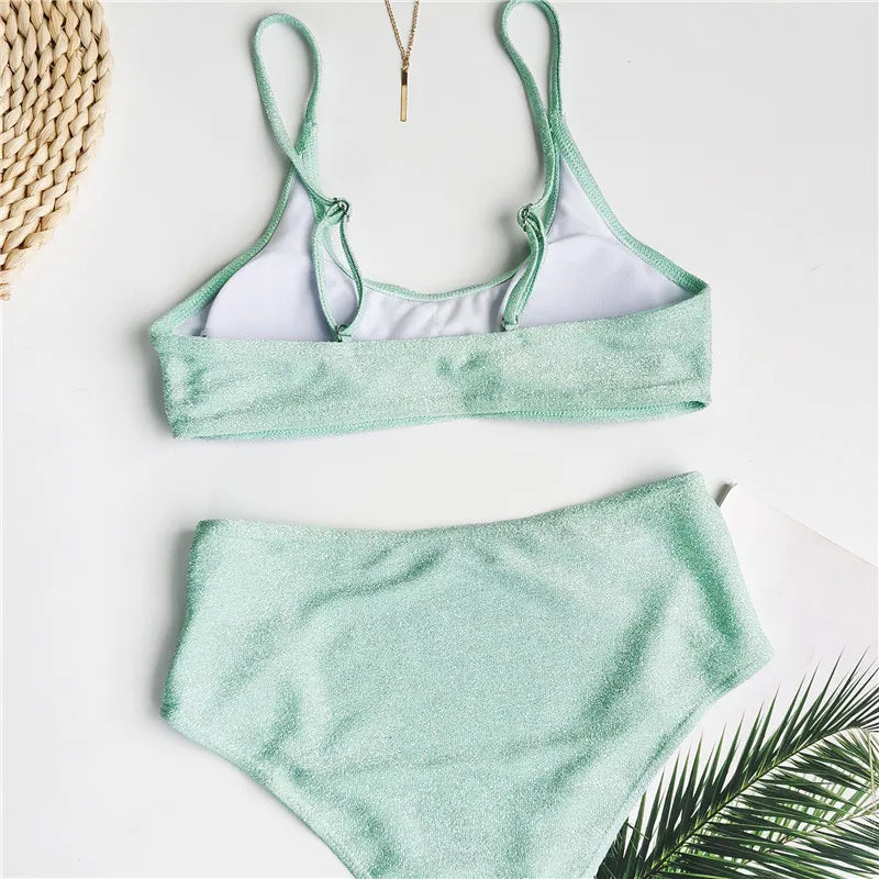 2025 Glitter Sparkling Female Swimsuit High Waist Bikini Women Swimwear Two Pieces Bikini Set Wrinkled Bandeau Bathing Suit Swim