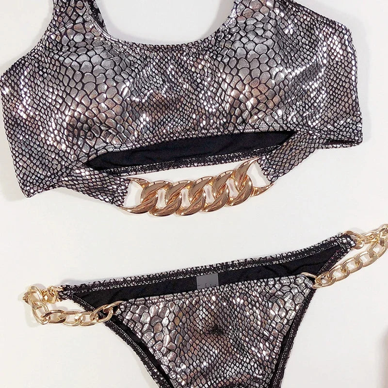 High Cut Metal Chains Bikini Women Swimsuit Female Swimwear Two Pieces Bikini Set Snake Skin Bather Bathing Suit Swim Beach Wear