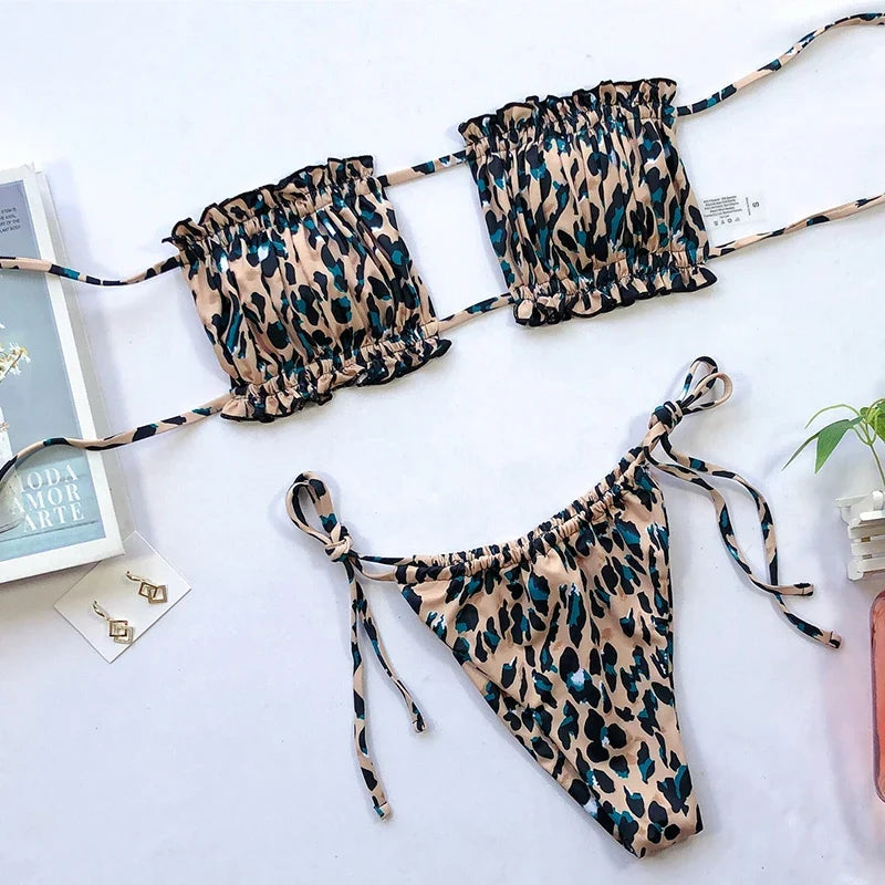 Tie Dye Pleated Ruffled Bikinis Bandeau Bikini Women Swimsuit Female Swimwear Two-pieces Bikini Set Hollow Out Bathing Suit Swim